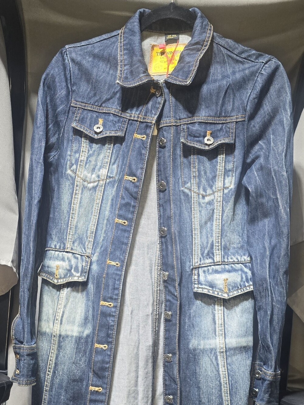 Women Xs Collard Dark Washed Denim Long Sleeve Trench Coat Jacket